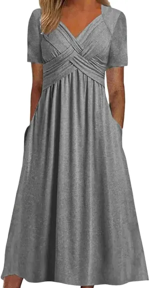 Women's Summer Dresses Short Sleeve V Neck Casual Boho Maxi Beach Dress Plus Size Flowy Long Sundress with Pockets