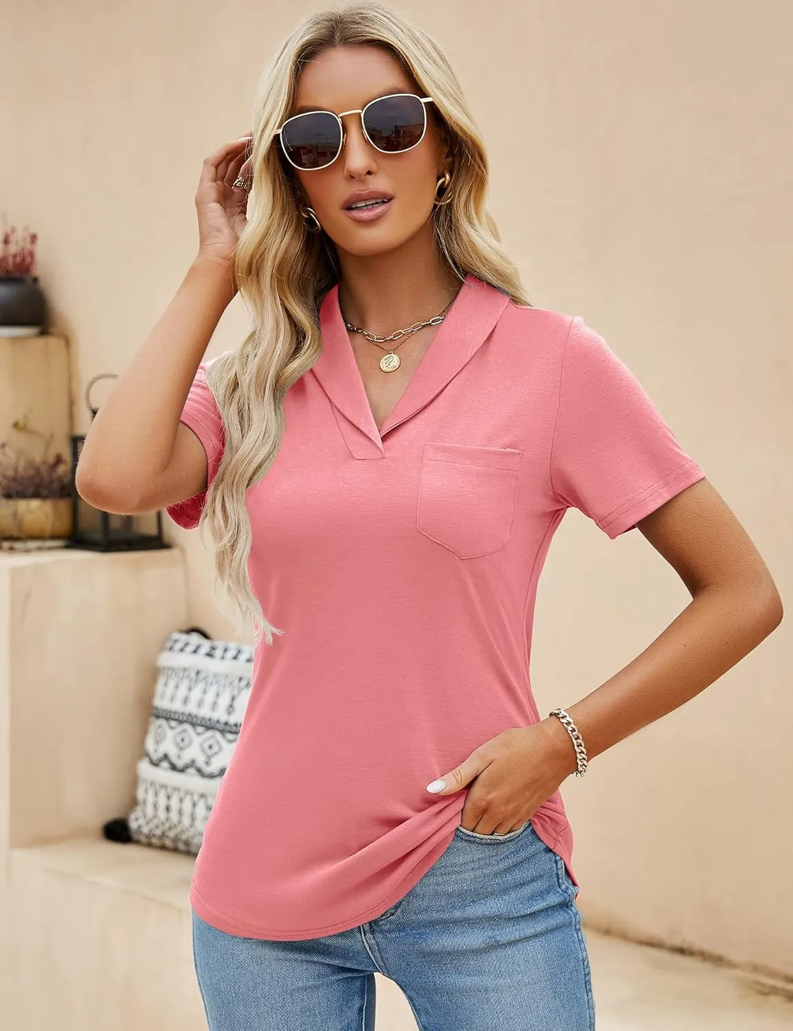 ZHENWEI Womens Short Sleeve Polo Shirts Business Casual V Neck Collared Tops Dressy Work Tunic Blouses with Pocket