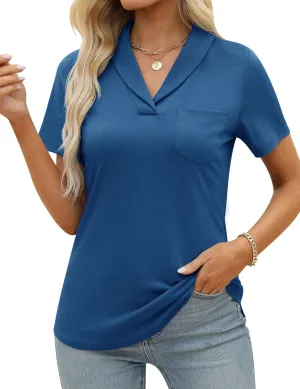 ZHENWEI Womens Short Sleeve Polo Shirts Business Casual V Neck Collared Tops Dressy Work Tunic Blouses with Pocket