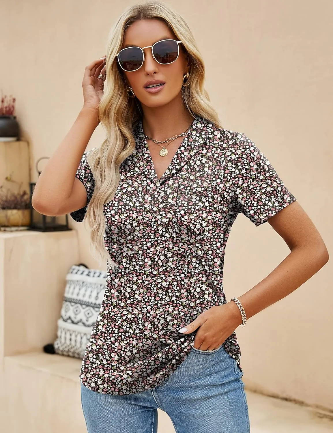 ZHENWEI Womens Short Sleeve Polo Shirts Business Casual V Neck Collared Tops Dressy Work Tunic Blouses with Pocket