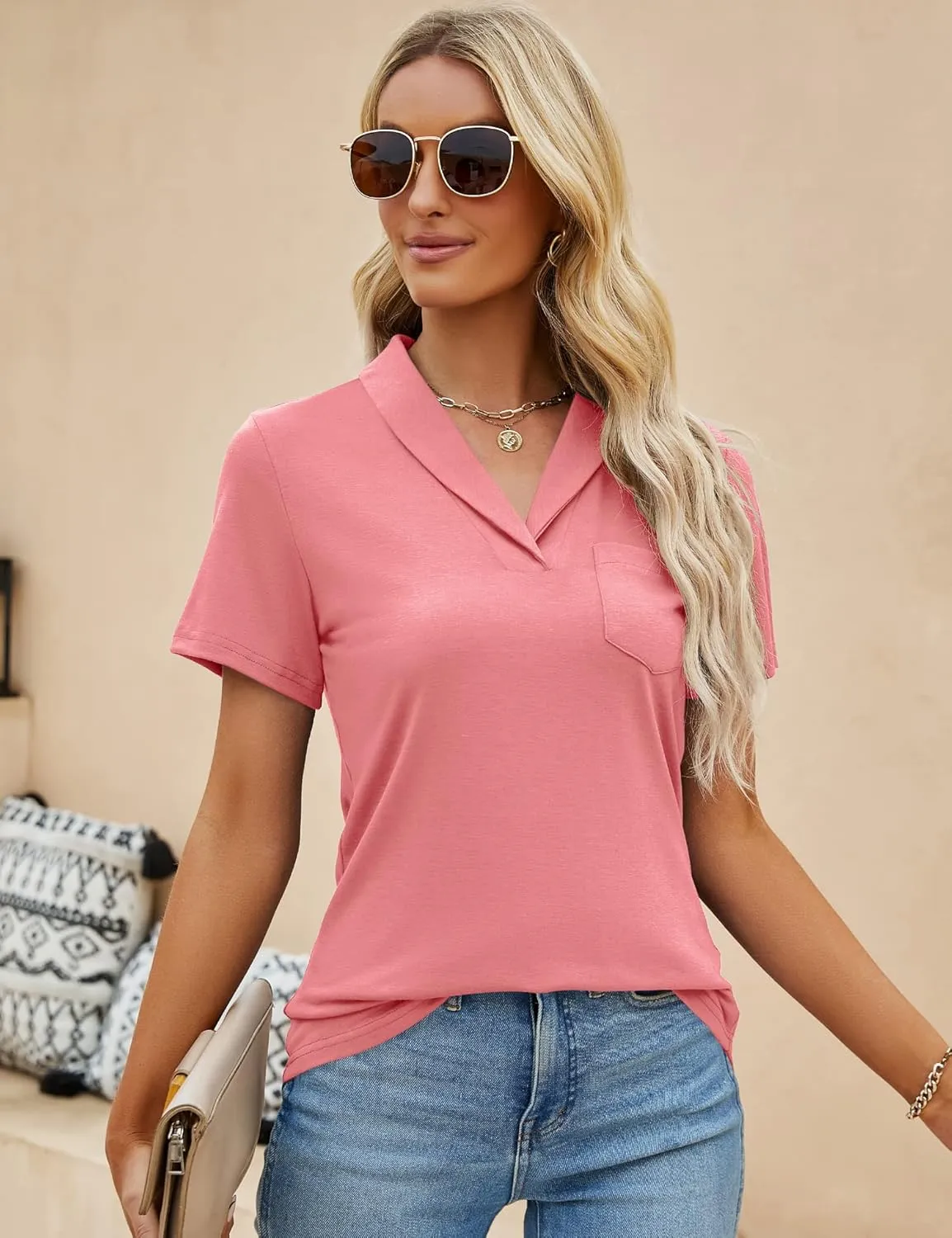 ZHENWEI Womens Short Sleeve Polo Shirts Business Casual V Neck Collared Tops Dressy Work Tunic Blouses with Pocket
