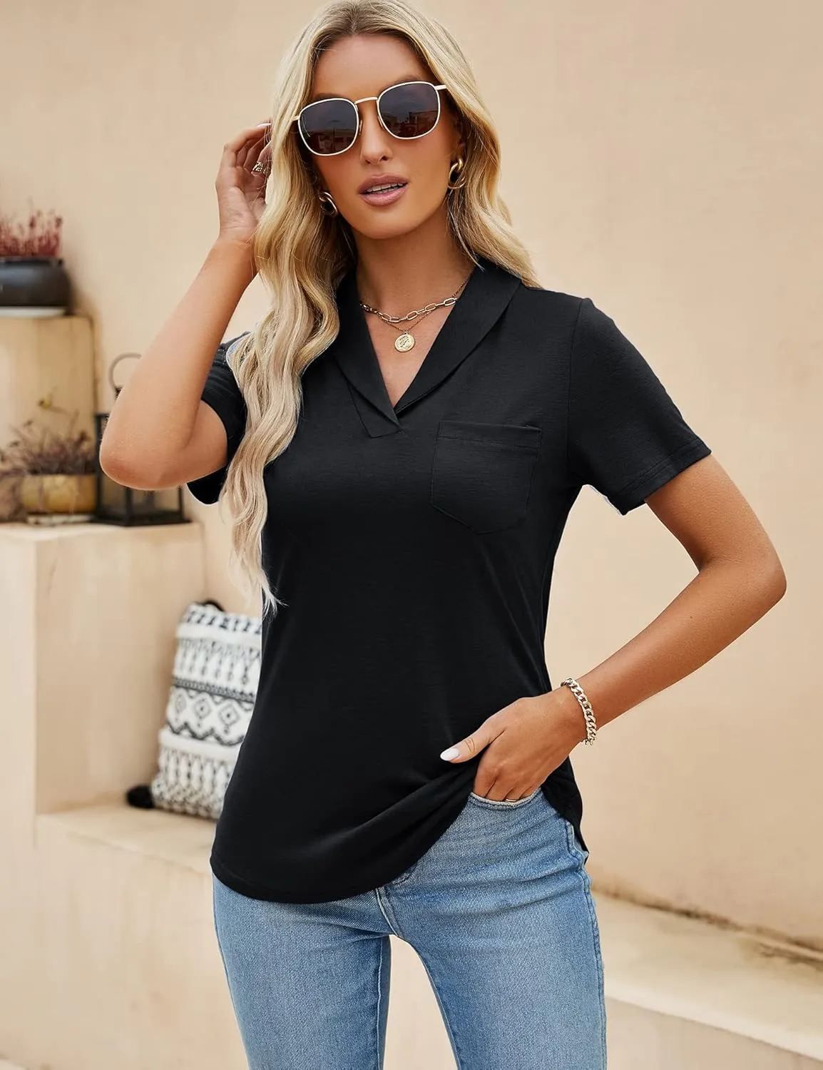 ZHENWEI Womens Short Sleeve Polo Shirts Business Casual V Neck Collared Tops Dressy Work Tunic Blouses with Pocket