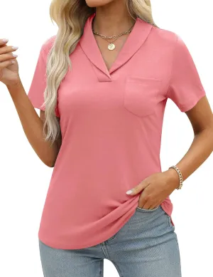 ZHENWEI Womens Short Sleeve Polo Shirts Business Casual V Neck Collared Tops Dressy Work Tunic Blouses with Pocket