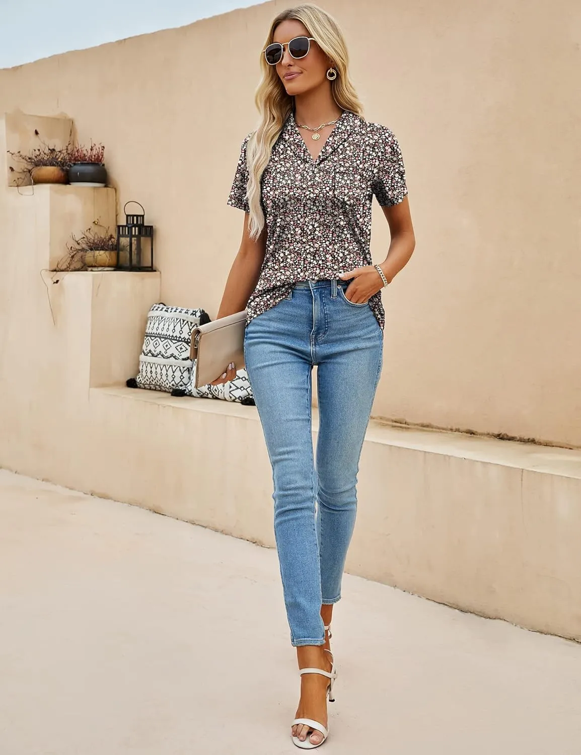 ZHENWEI Womens Short Sleeve Polo Shirts Business Casual V Neck Collared Tops Dressy Work Tunic Blouses with Pocket